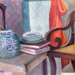 Books and Chinese jar, painting by Lizzy May, 2022